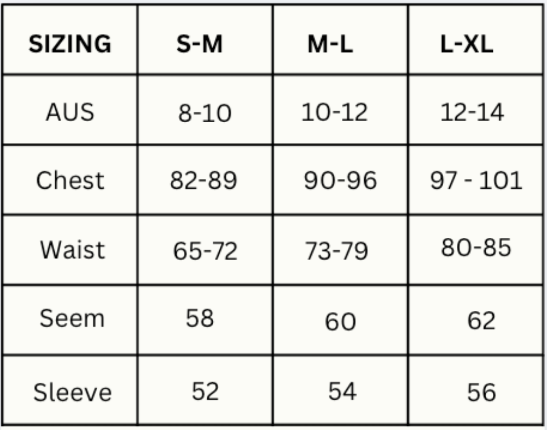 Size chart for clothing with S-M, M-L, and L-XL dimensions.